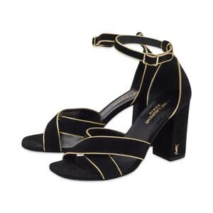 F0 Auth YVES SAINT LAURENT Black Suede Gold Trim Ankle Strap Sandal Heels Sz 38